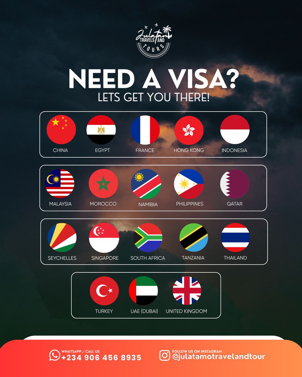 Julatamo Travels and Tours visa destinations flyer, listing countries including China, Egypt, France, UAE and the United Kingdom